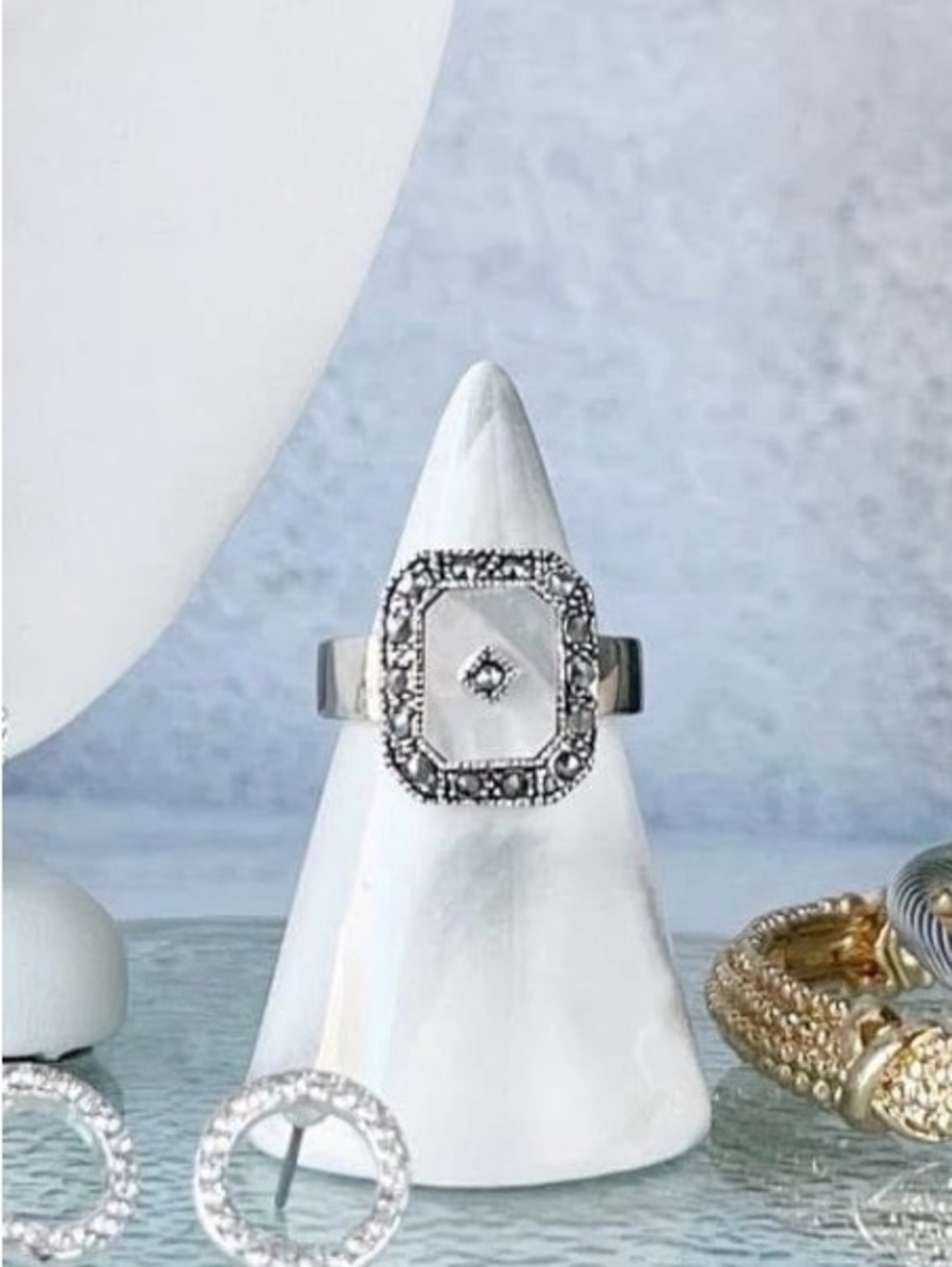 Park Lane Demur Silver Mother-of-Pearl & Marcasite Rectangular Ring - Silver - Picture 2 of 6